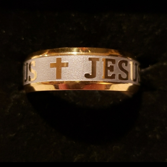 Jesus Stainless Steel Gold Plated  On Silver Ring Band - Picture 3 of 4